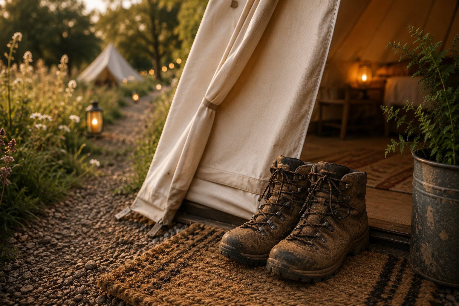 Rowan bell tent at Fieldroot Retreat — firepit at dusk