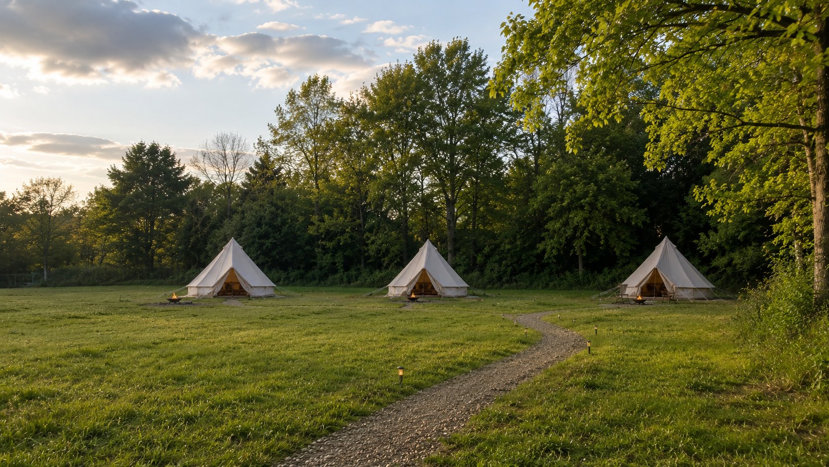 Bramble bell tent at Fieldroot Retreat — sunset over the fields